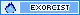 a pixel sprite of a blue fire to the left, and 'exorcist' in all caps text to the right. image is in varying shades of royal blue