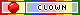 a pixel red clown nose to the left, and the text 'clown' to the right, with a rainbow background