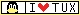 a small pixel sprite of tux the linux mascot's head to the left, pixel text to the right that says 'i heart tux'