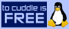 light and dark blue button that says 'to cuddle is FREE' with tux the linux mascot to the right