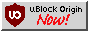 gray 1990s style button that says 'u block origin NOW!' with the u block origin logo to the left