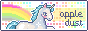 apple dust with a pixel pastel unicorn next to the text