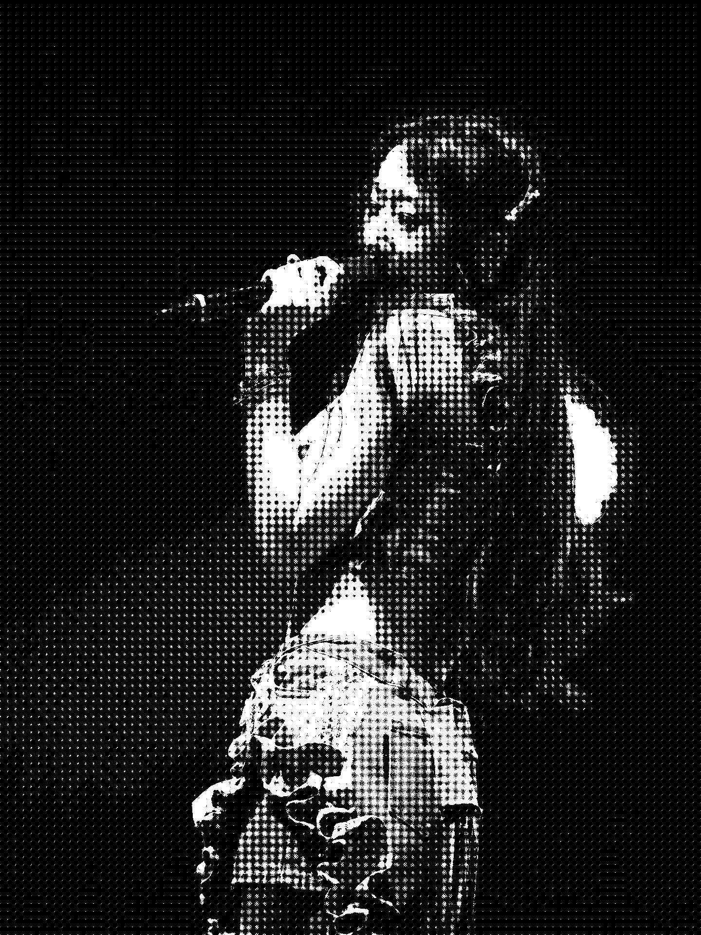 edited photo of dambara ruru performing on stage with the hand microphone held up to her mouth as she sings. the image has been distorted and transformed using image magick to make it black & white, dither it, and add half tones